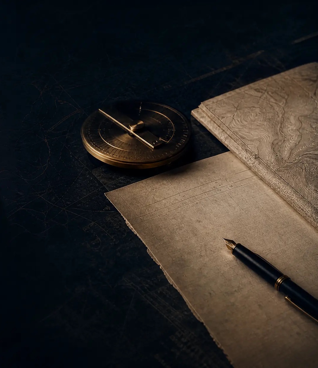 Brass compass, fund documents and a fountain pen on a dark desk